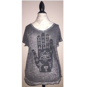 Short sleeve grey t-shirt w/ hand on it.